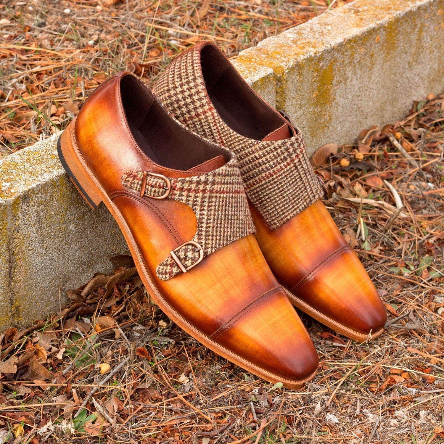 Ambrogio Bespoke Men's Handmade Custom Made Shoes Beige & Cognac Patina Leather Monk-Straps Loafers (AMB1267)