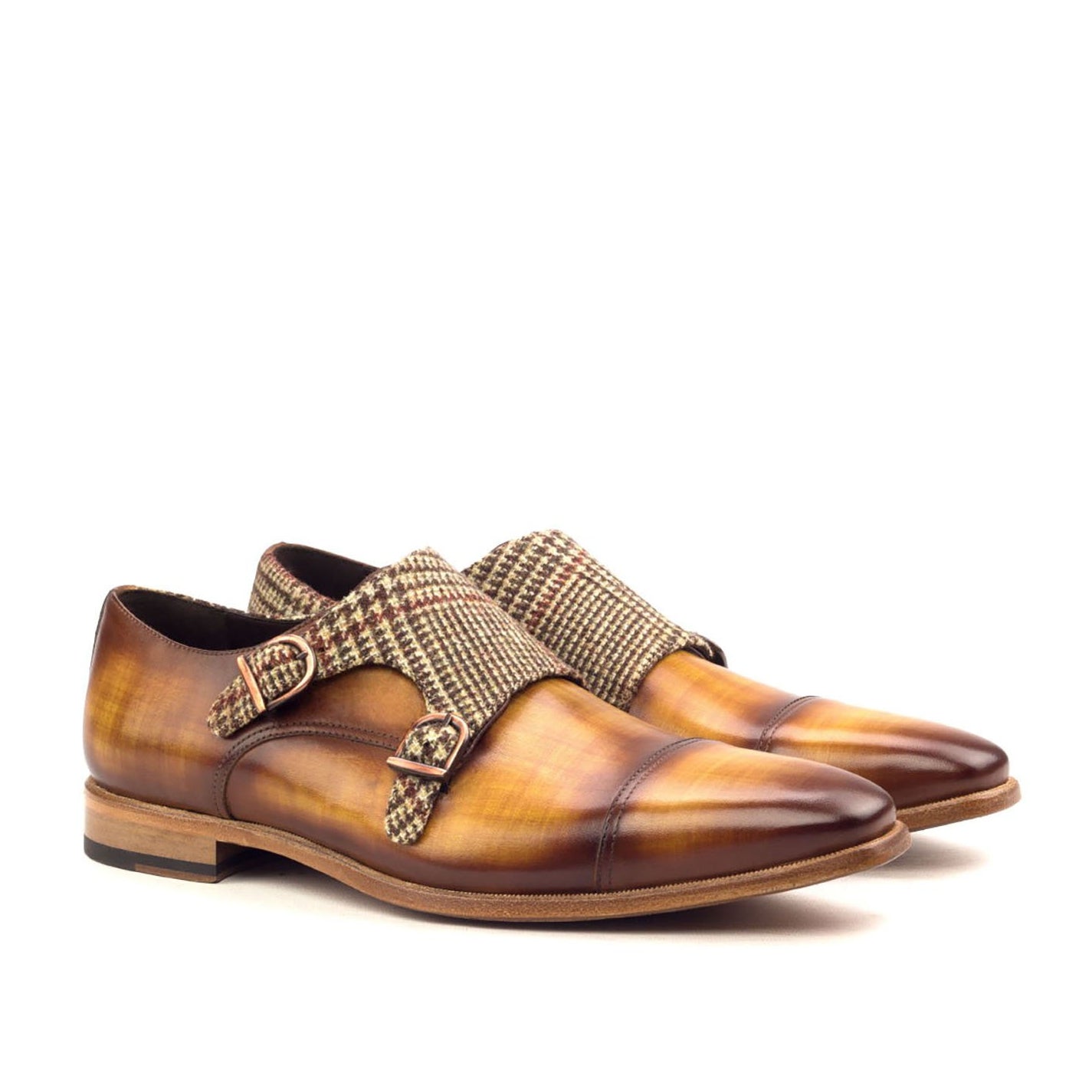 Ambrogio Bespoke Men's Handmade Custom Made Shoes Beige & Cognac Patina Leather Monk-Straps Loafers (AMB1267)