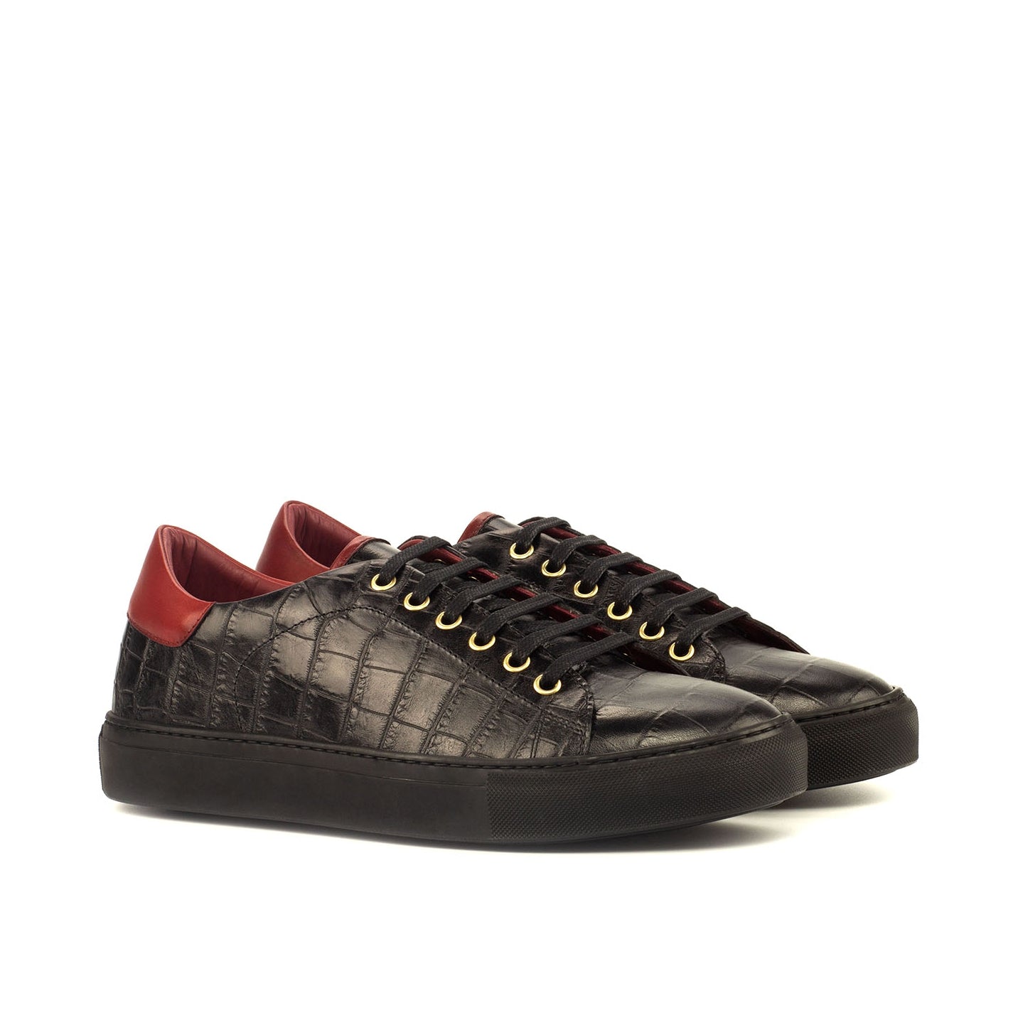 Ambrogio Bespoke Men's Handmade Custom Made Shoes Black & Red Crocodile Print / Calf-Skin Leather Casual Trainer Sneakers (AMB1257)