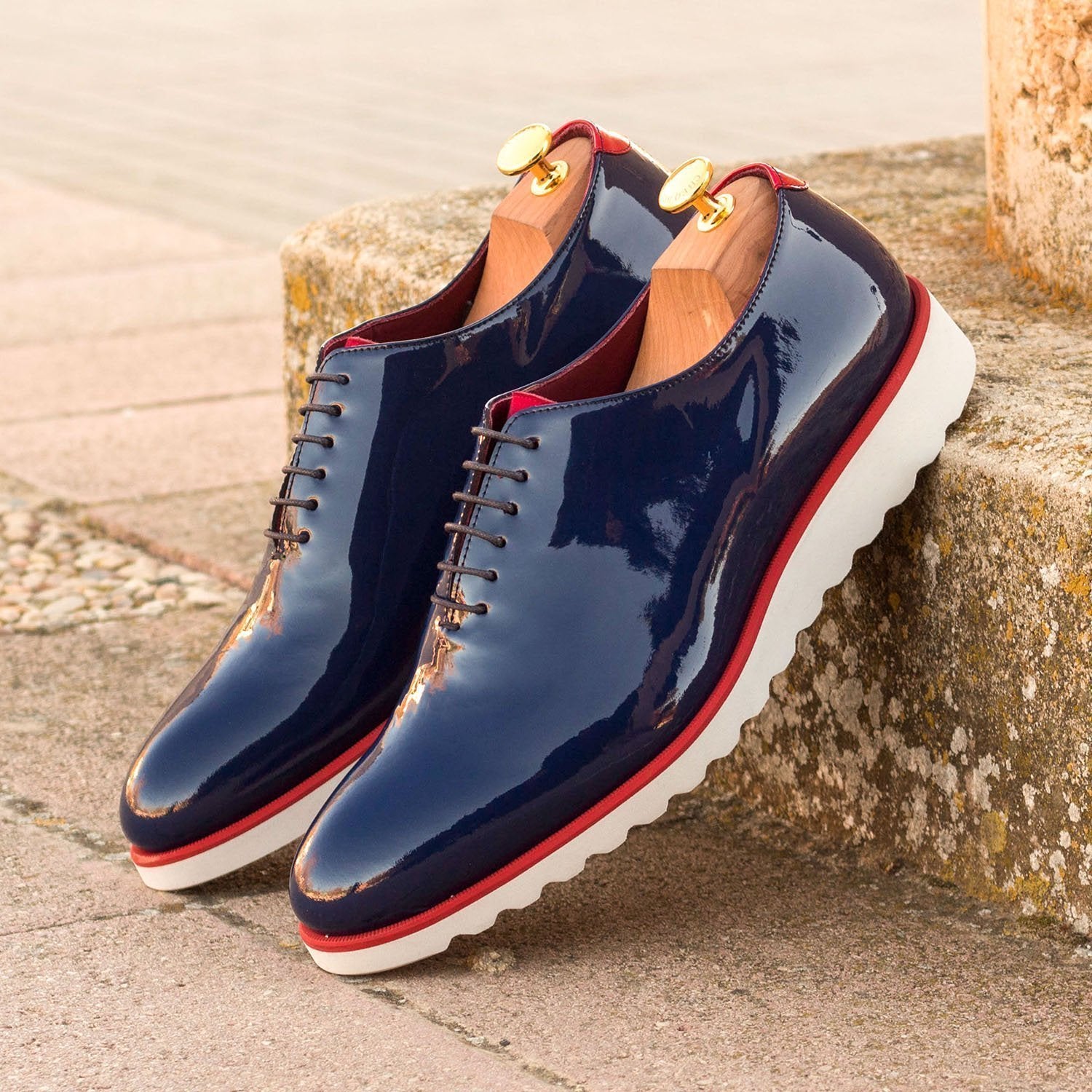 Ambrogio Bespoke Men's Handmade Custom Made Shoes Blue & Red Patent Leather Dress Oxfords (AMB1287)