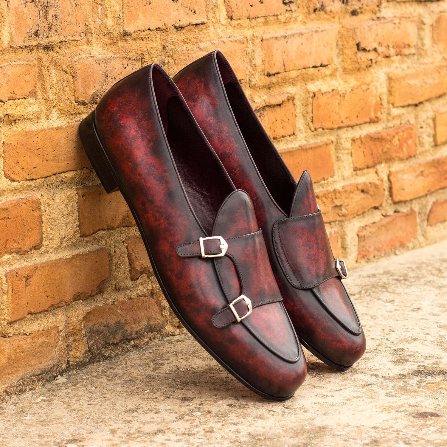 Ambrogio Bespoke Men's Handmade Custom Made Shoes Burgundy Patina Leather Monk Slipper Loafers (AMB1265)