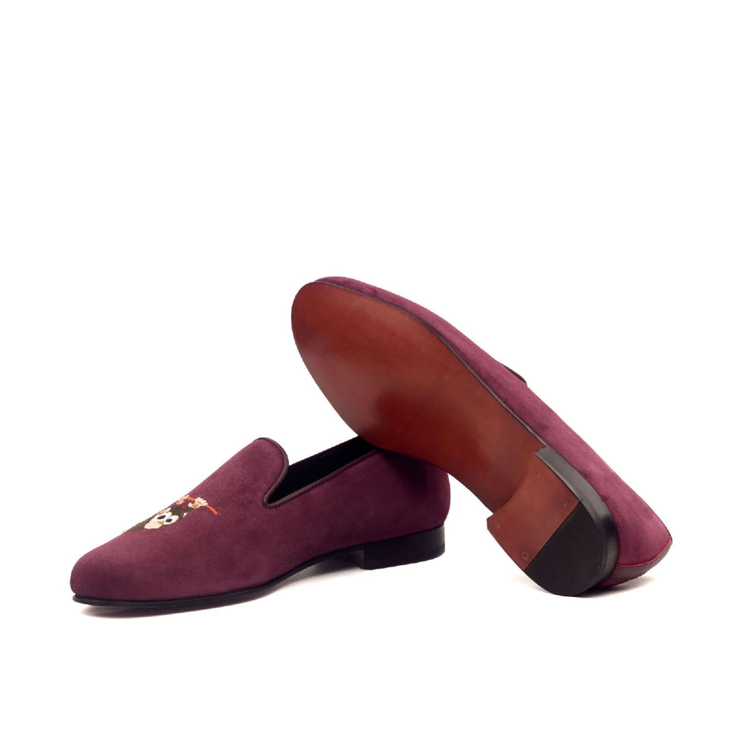 Ambrogio Bespoke Men's Handmade Custom Made Shoes Burgundy Suede Leather Wellington Loafers (AMB1318)