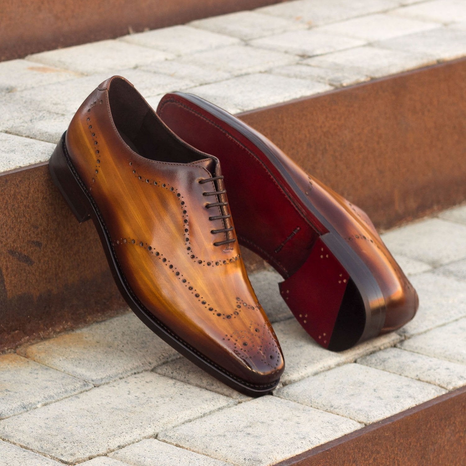 Ambrogio Bespoke Men's Handmade Custom Made Shoes Cognac Patina Leather Dress Oxfords (AMB1300)