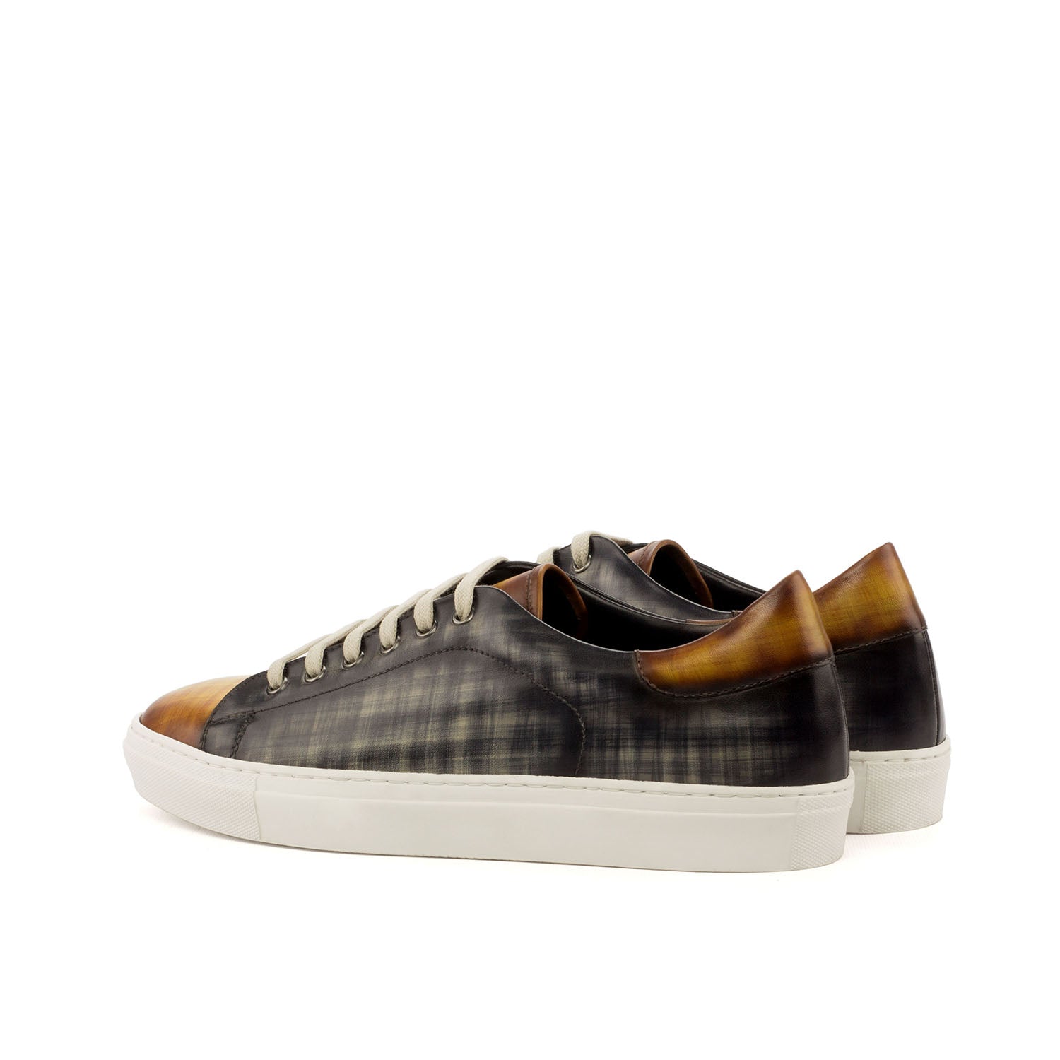 Ambrogio Bespoke Men's Handmade Custom Made Shoes Gray & Cognac Box Patina Leather Casual Trainer Sneakers (AMB1266)