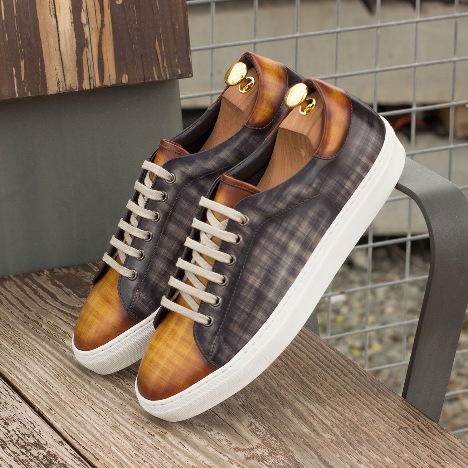 Ambrogio Bespoke Men's Handmade Custom Made Shoes Gray & Cognac Box Patina Leather Casual Trainer Sneakers (AMB1266)