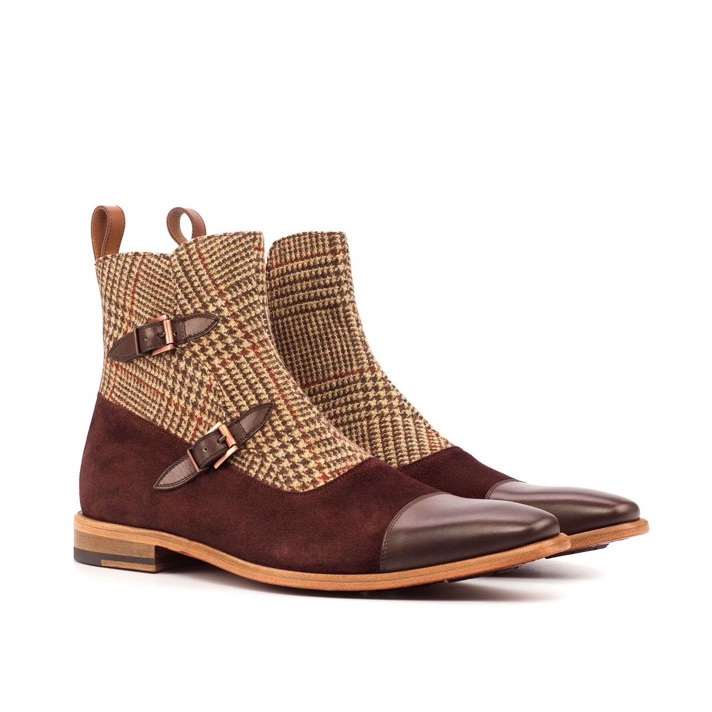 Ambrogio Bespoke Men's Handmade Custom Shoes Beige, Brown & Burgundy Fabric / Suede / Calf-Skin Leather Buckle Boots (AMB1834)