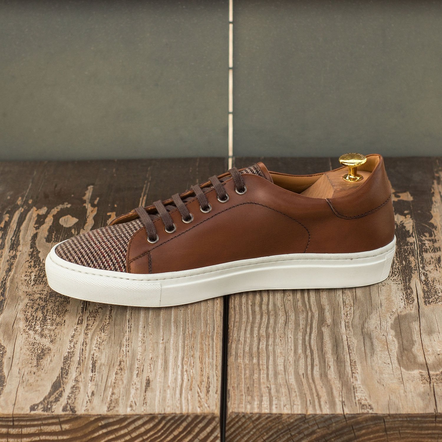 Ambrogio Bespoke Men's Handmade Custom Shoes Beige & Brown Fabric / Calf-Skin Leather Casual Trainer Sneakers (AMB1576)