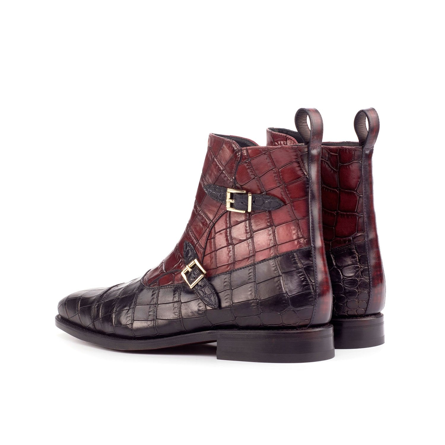 Ambrogio Bespoke Men's Handmade Custom Shoes Black & Burgundy Crocodile Print / Calf-Skin Leather Buckle Boots (AMB1826)