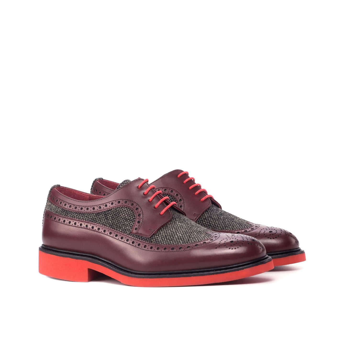 Ambrogio Bespoke Men's Handmade Custom Shoes Black & Burgundy Fabric / Calf-Skin Leather Wingtip Oxfords (AMB1806)