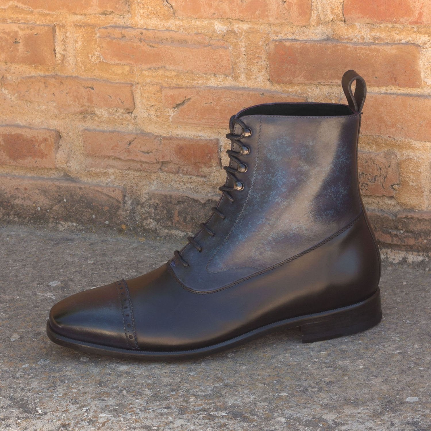 Ambrogio Bespoke Men's Handmade Custom Shoes Black & Denim Blue Patina / Polished Calf-Skin Leather Boots (AMB1747)