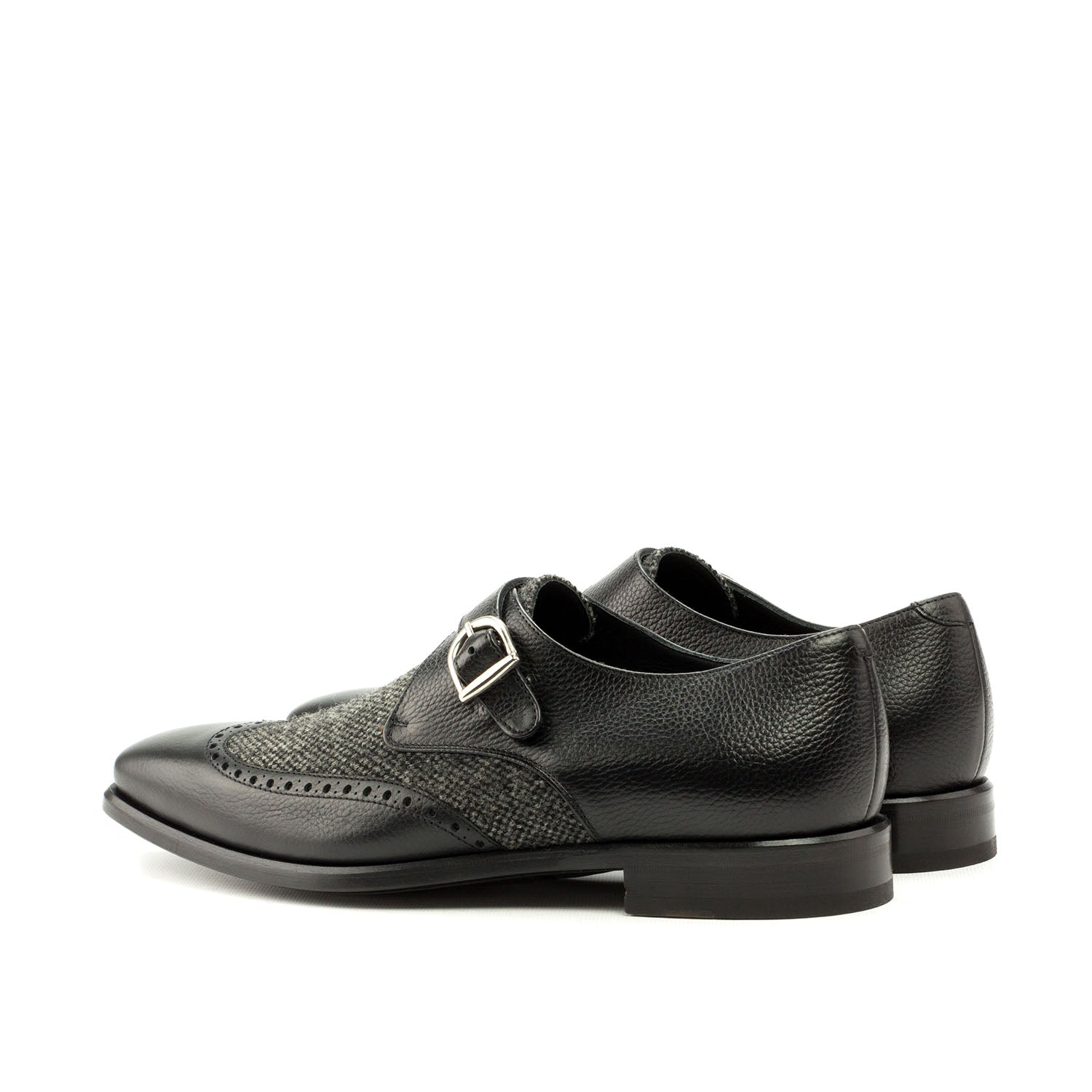 Ambrogio Bespoke Men's Handmade Custom Shoes Black Fabric / Full Grain Calf-Skin Leather Monk-Strap Loafers (AMB1493)