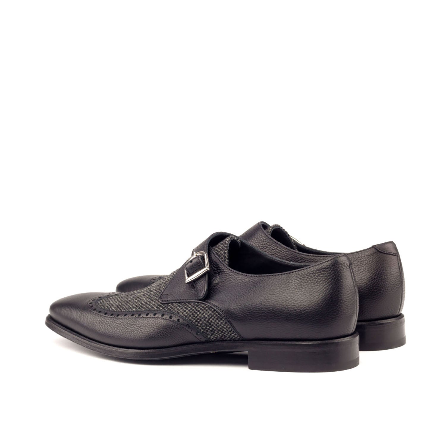 Ambrogio Bespoke Men's Handmade Custom Shoes Black Fabric / Full Grain Calf-Skin Leather Monk-Strap Loafers (AMB1589)