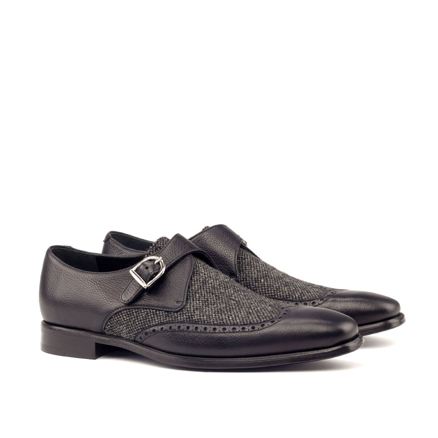 Ambrogio Bespoke Men's Handmade Custom Shoes Black Fabric / Full Grain Calf-Skin Leather Monk-Strap Loafers (AMB1589)