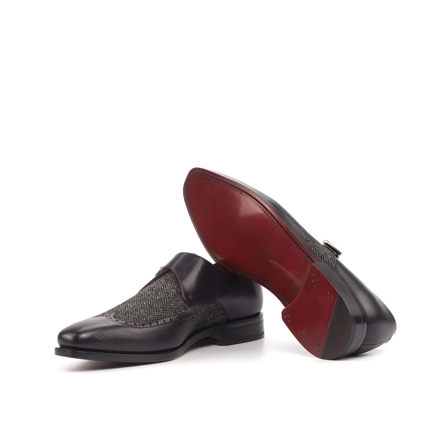 Ambrogio Bespoke Men's Handmade Custom Shoes Black Fabric / Pebble Grain / Calf-Skin Leather Monk-Strap Loafers (AMB1833)