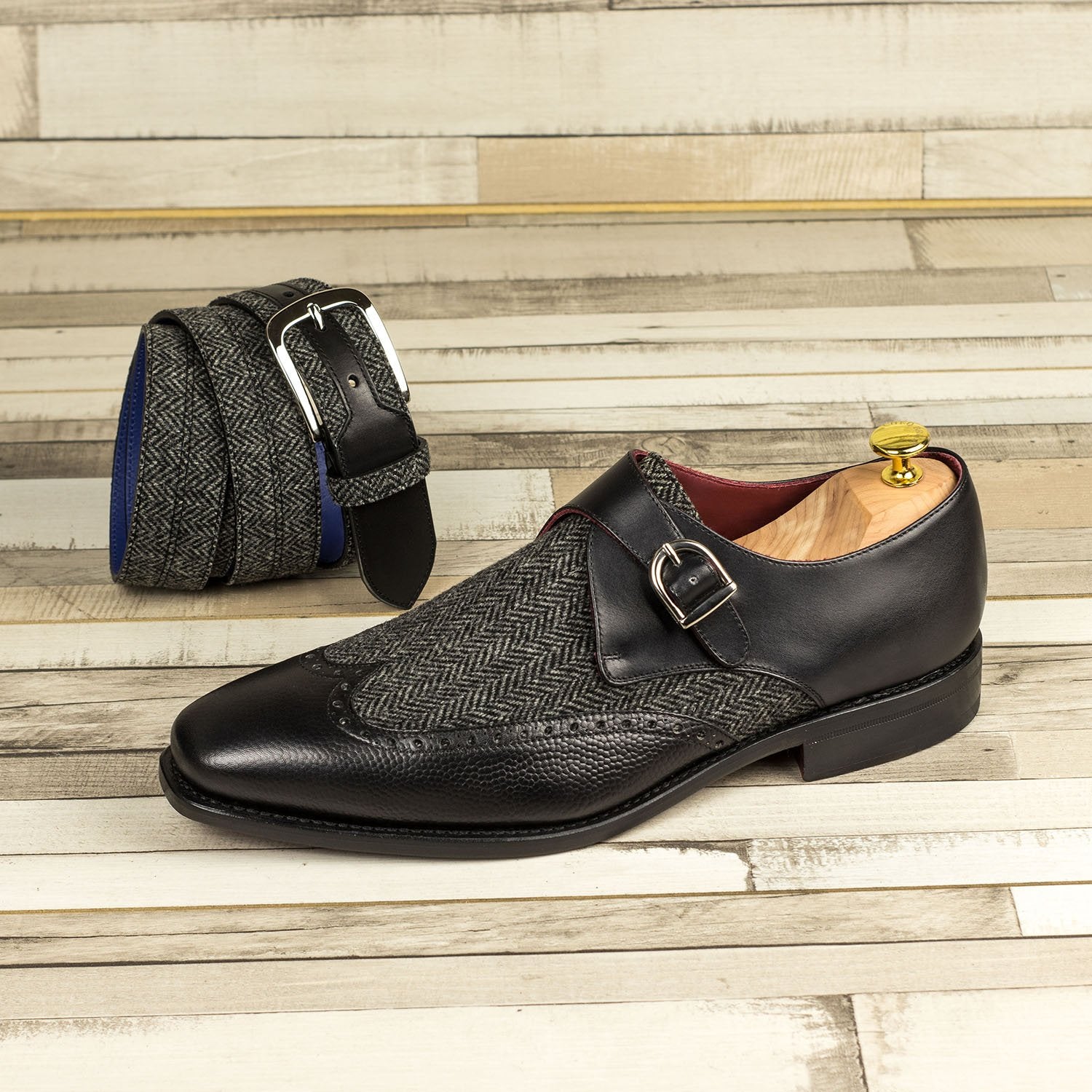 Ambrogio Bespoke Men's Handmade Custom Shoes Black Fabric / Pebble Grain / Calf-Skin Leather Monk-Strap Loafers (AMB1833)