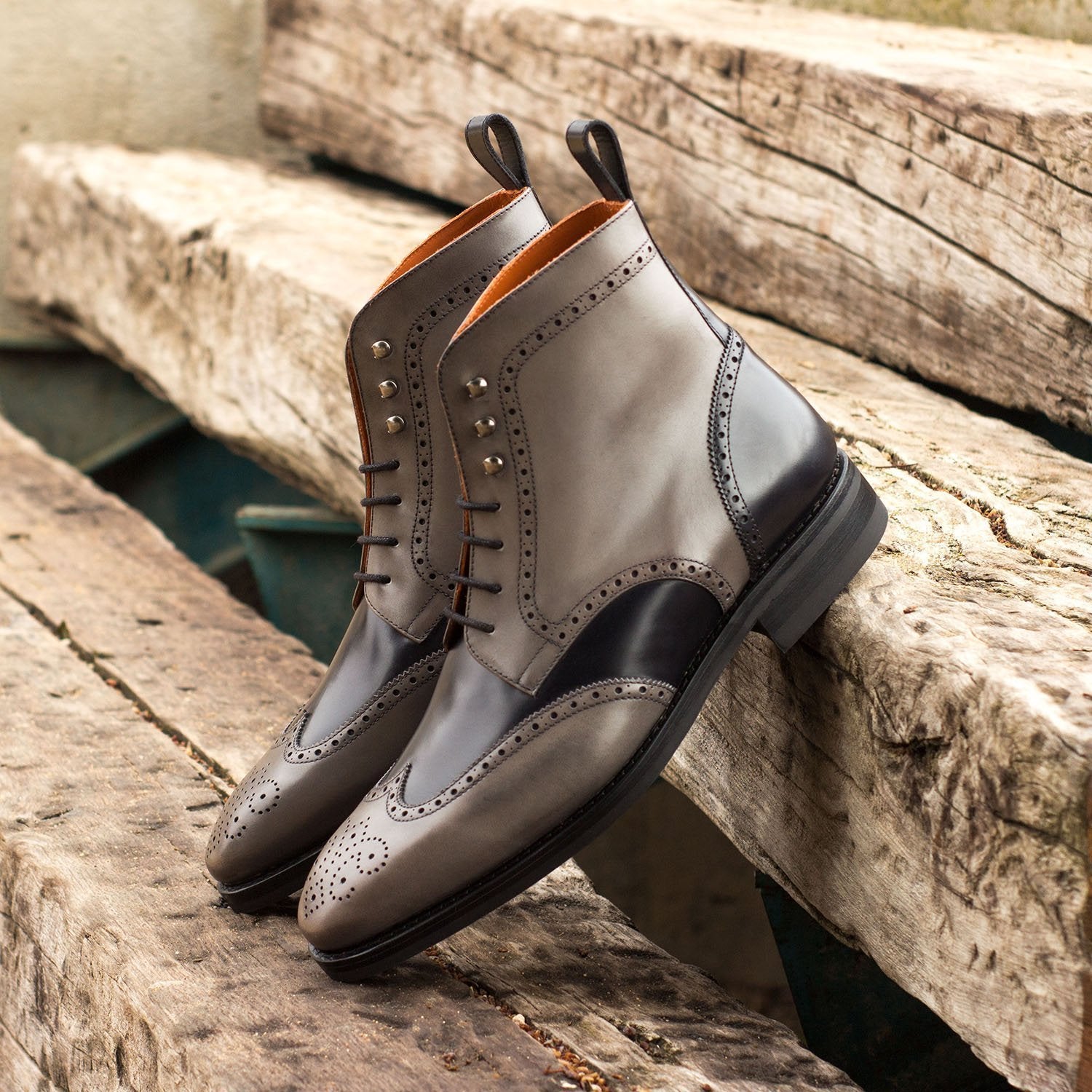 Ambrogio Bespoke Men's Handmade Custom Shoes Black & Gray Calf-Skin Leather Military Brogue Boots(AMB1401)