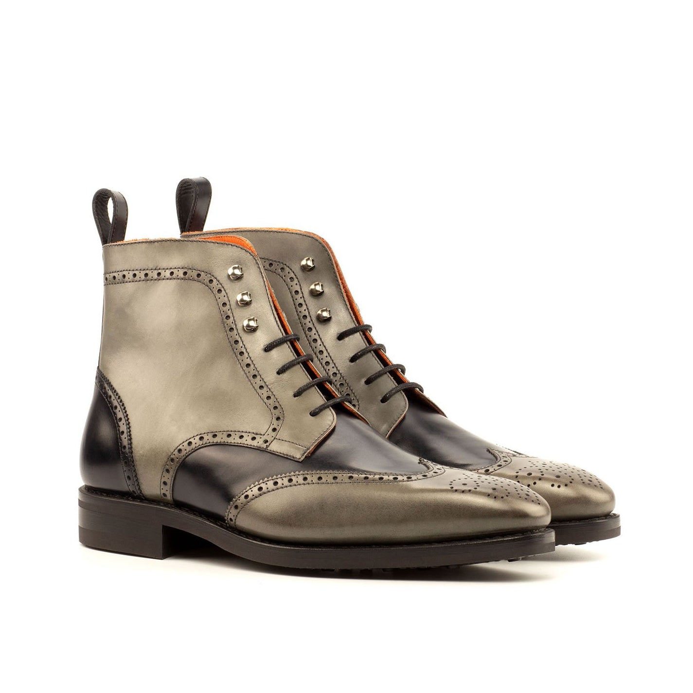 Ambrogio Bespoke Men's Handmade Custom Shoes Black & Gray Calf-Skin Leather Military Brogue Boots(AMB1401)