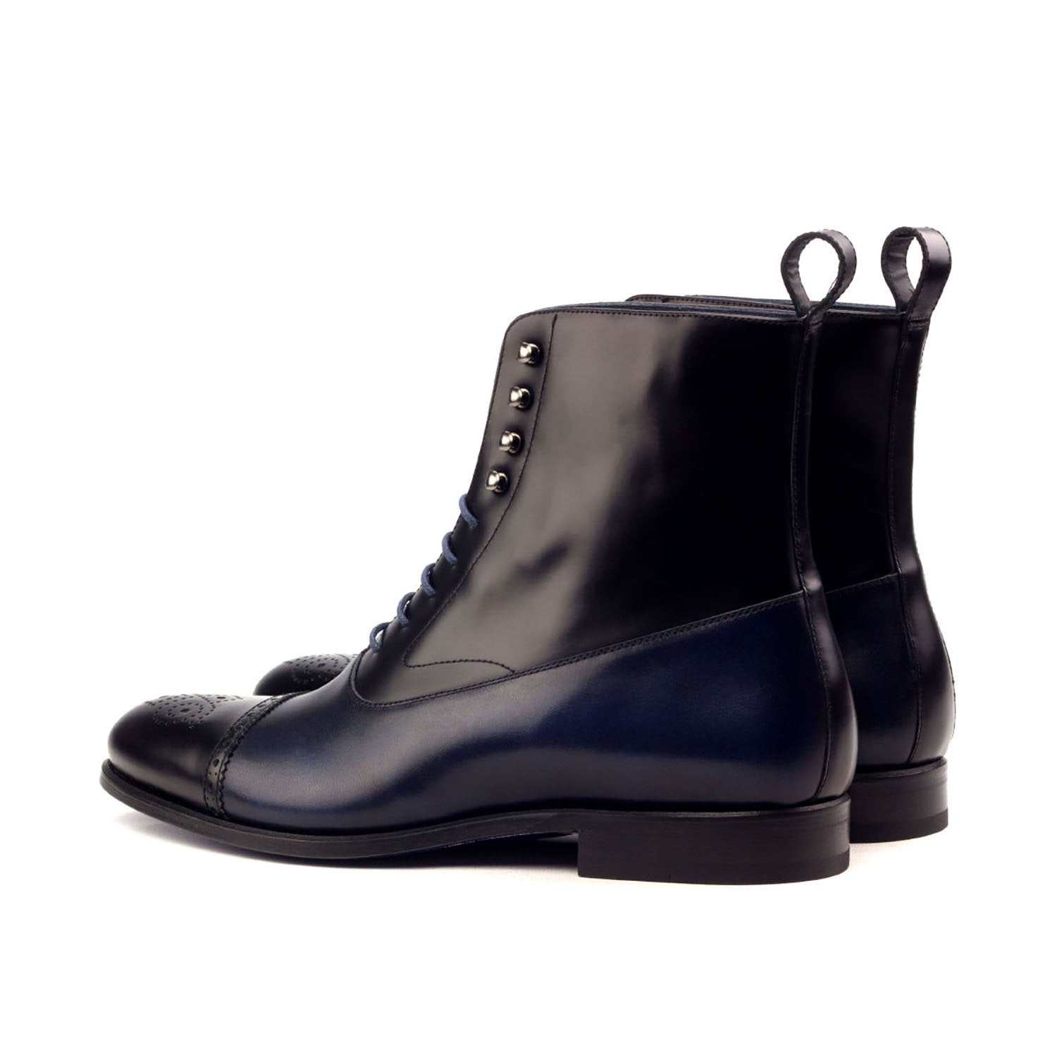 Ambrogio Bespoke Men's Handmade Custom Shoes Black & Navy Calf-Skin Leather Balmoral Boots AMB1734)