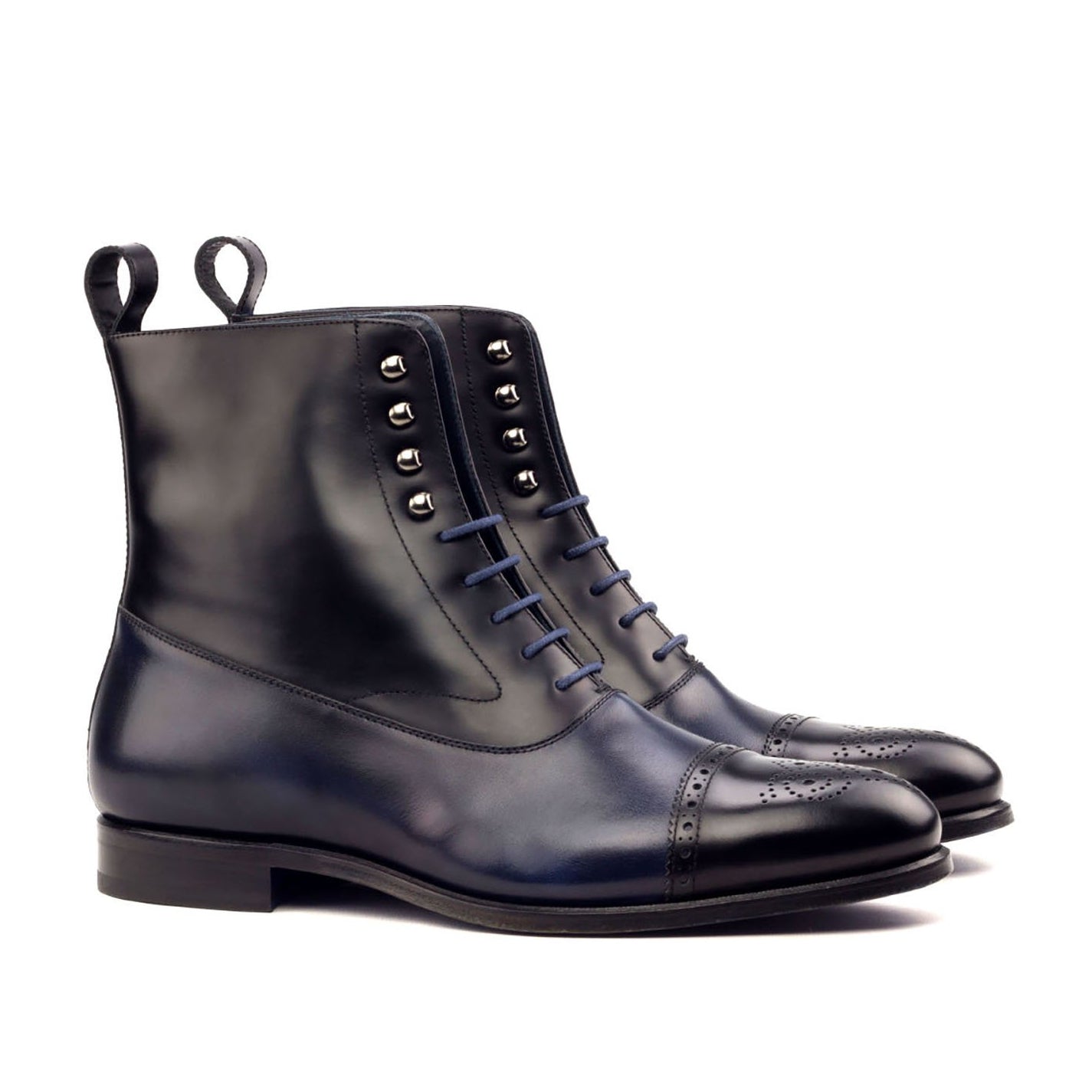 Ambrogio Bespoke Men's Handmade Custom Shoes Black & Navy Calf-Skin Leather Balmoral Boots AMB1734)