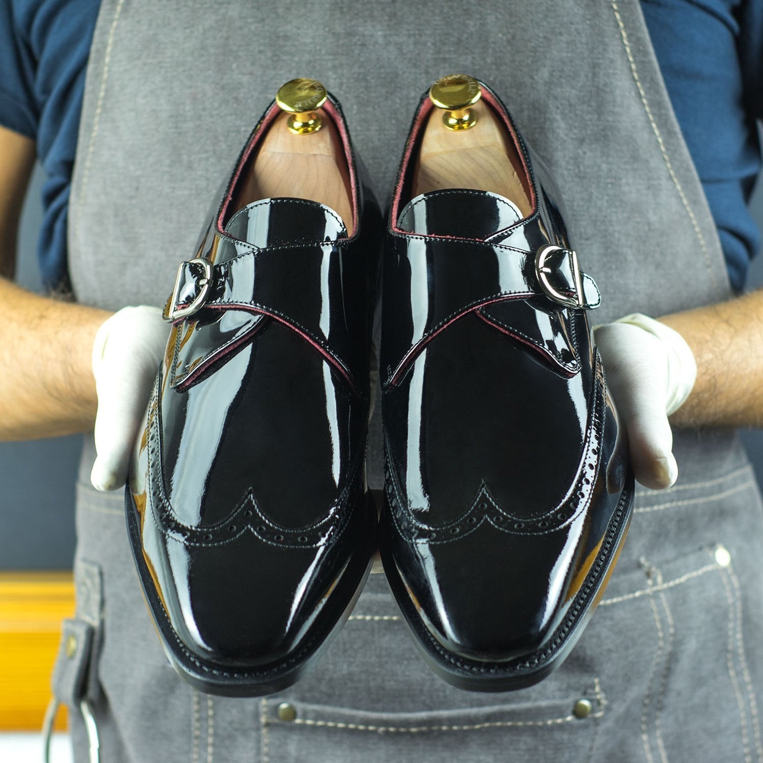 Ambrogio Bespoke Men's Handmade Custom Shoes Black Patent Leather Monk-Strap Loafers (AMB1729)