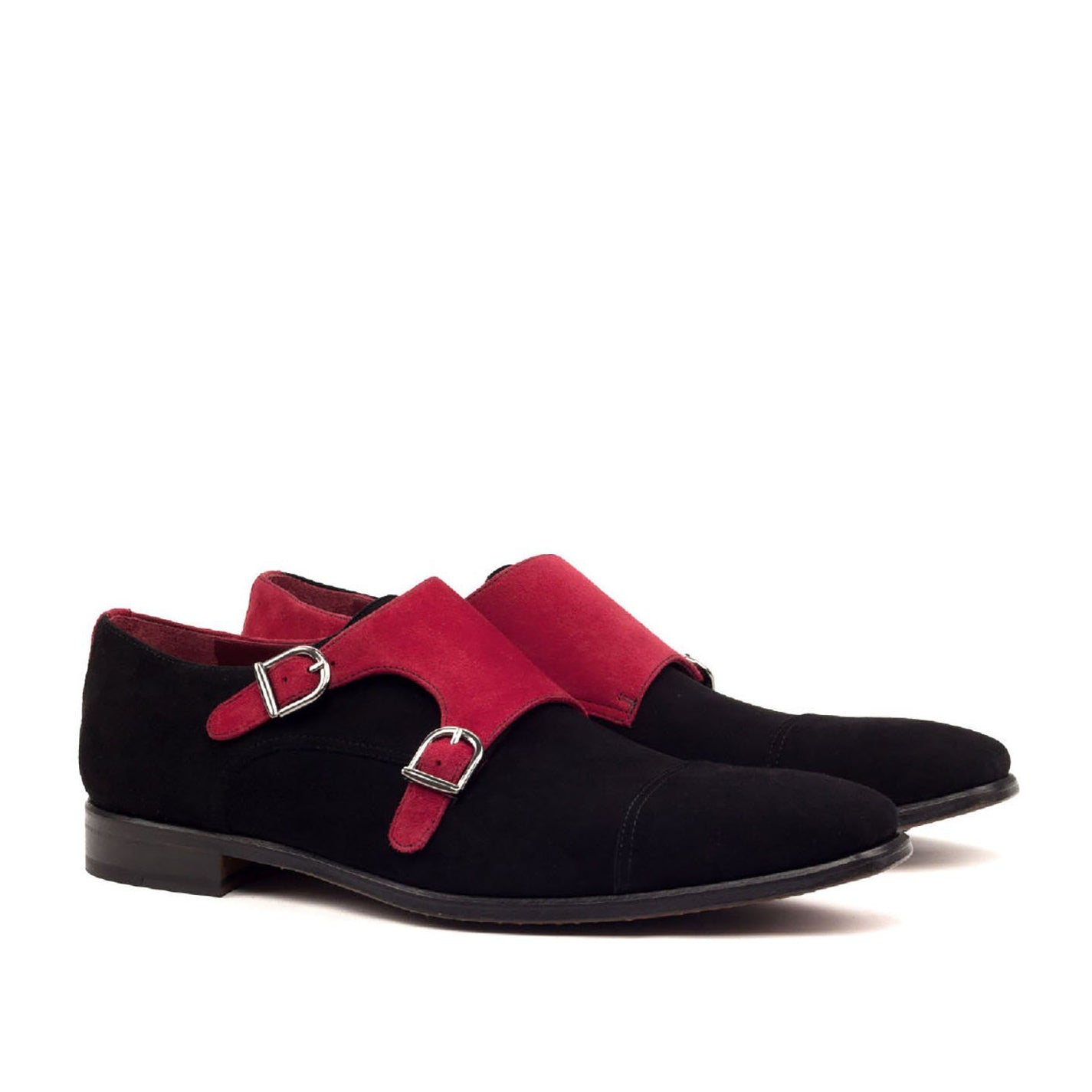 Ambrogio Bespoke Men's Handmade Custom Shoes Black & Red Suede Leather Monk-Straps Loafers (AMB1544)