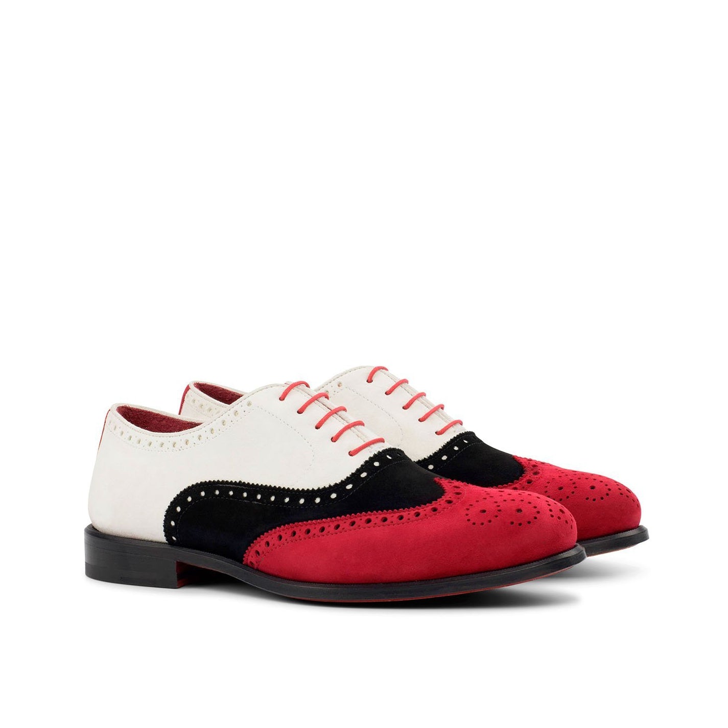 Ambrogio Bespoke Men's Handmade Custom Shoes Black, Red & White Suede Leather Full Brogue Oxfords (AMB1718)