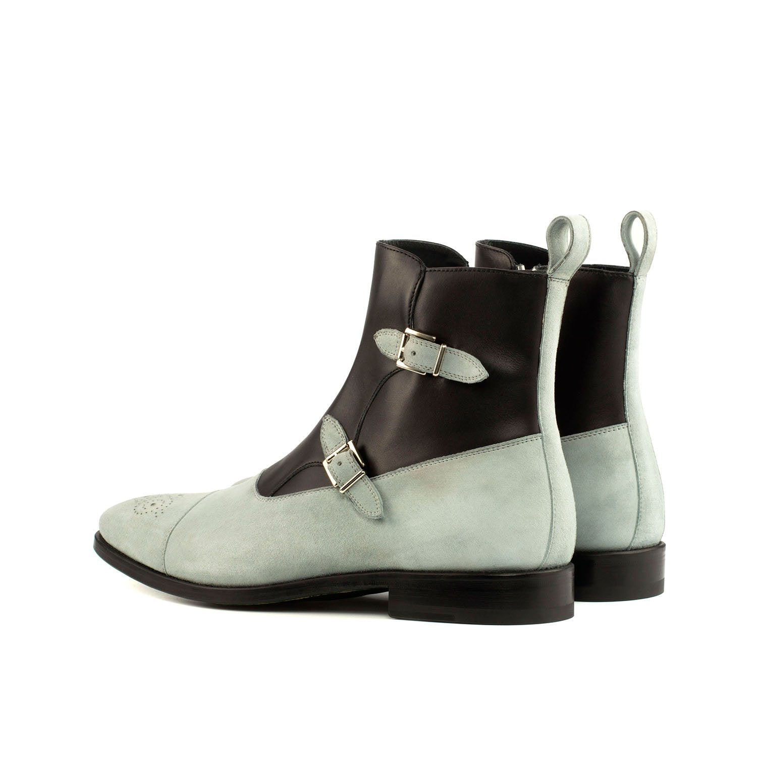 Ambrogio Bespoke Men's Handmade Custom Shoes Black & White Suede / Calf-Skin Leather Atticus Double Buckle Boots (AMB1392)