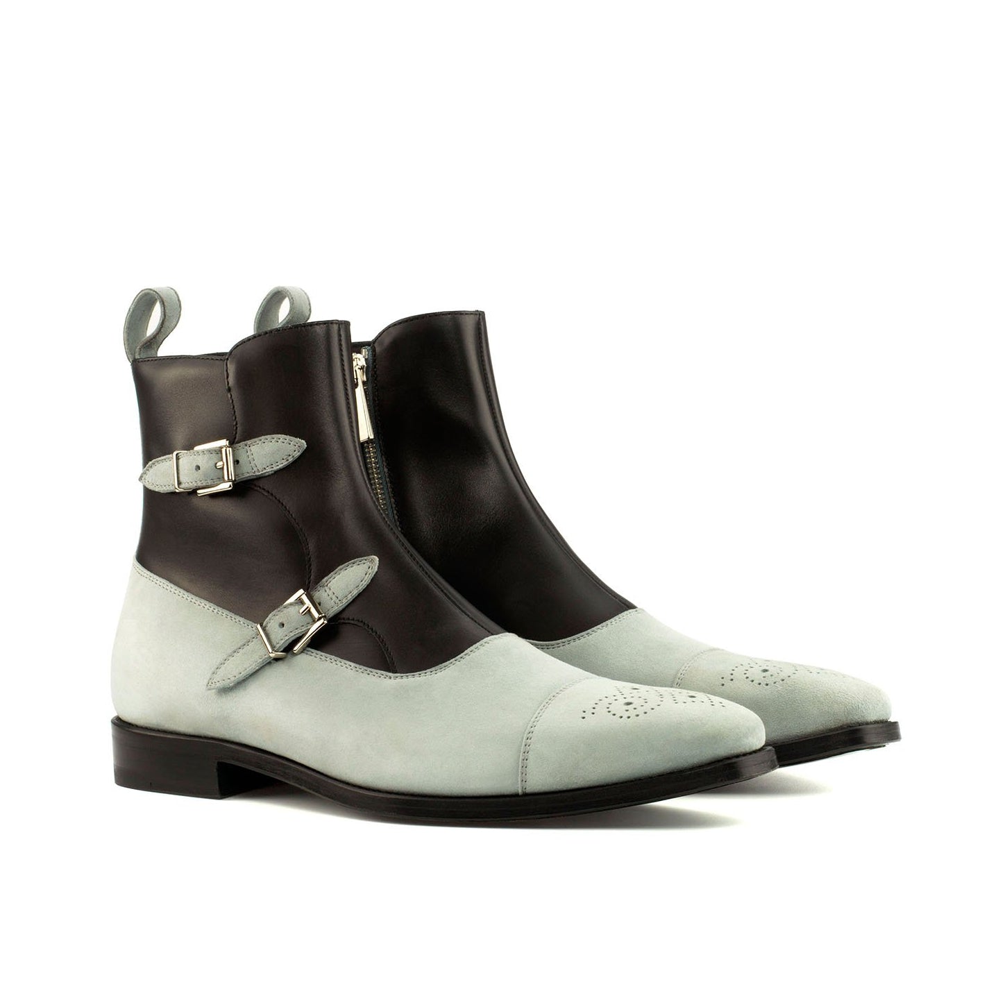 Ambrogio Bespoke Men's Handmade Custom Shoes Black & White Suede / Calf-Skin Leather Atticus Double Buckle Boots (AMB1392)