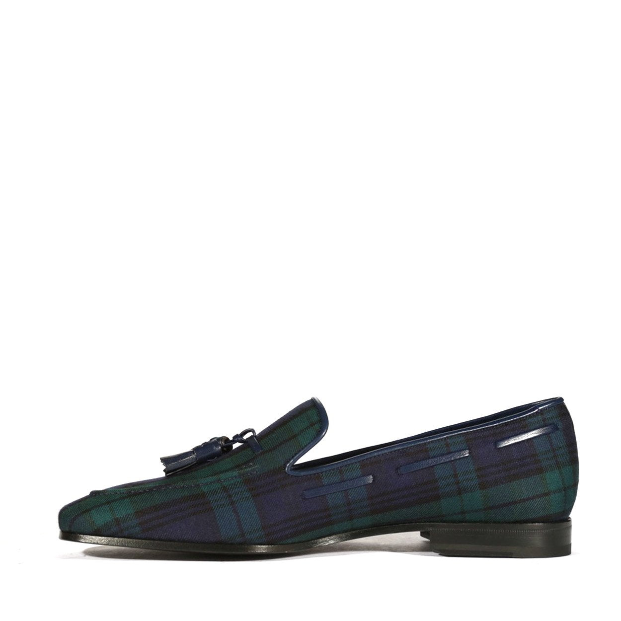 Ambrogio Bespoke Men's Handmade Custom Shoes Blue & Green Blackwatch Sartorial Fabric Drake Tassels Loafers (AMB1727)