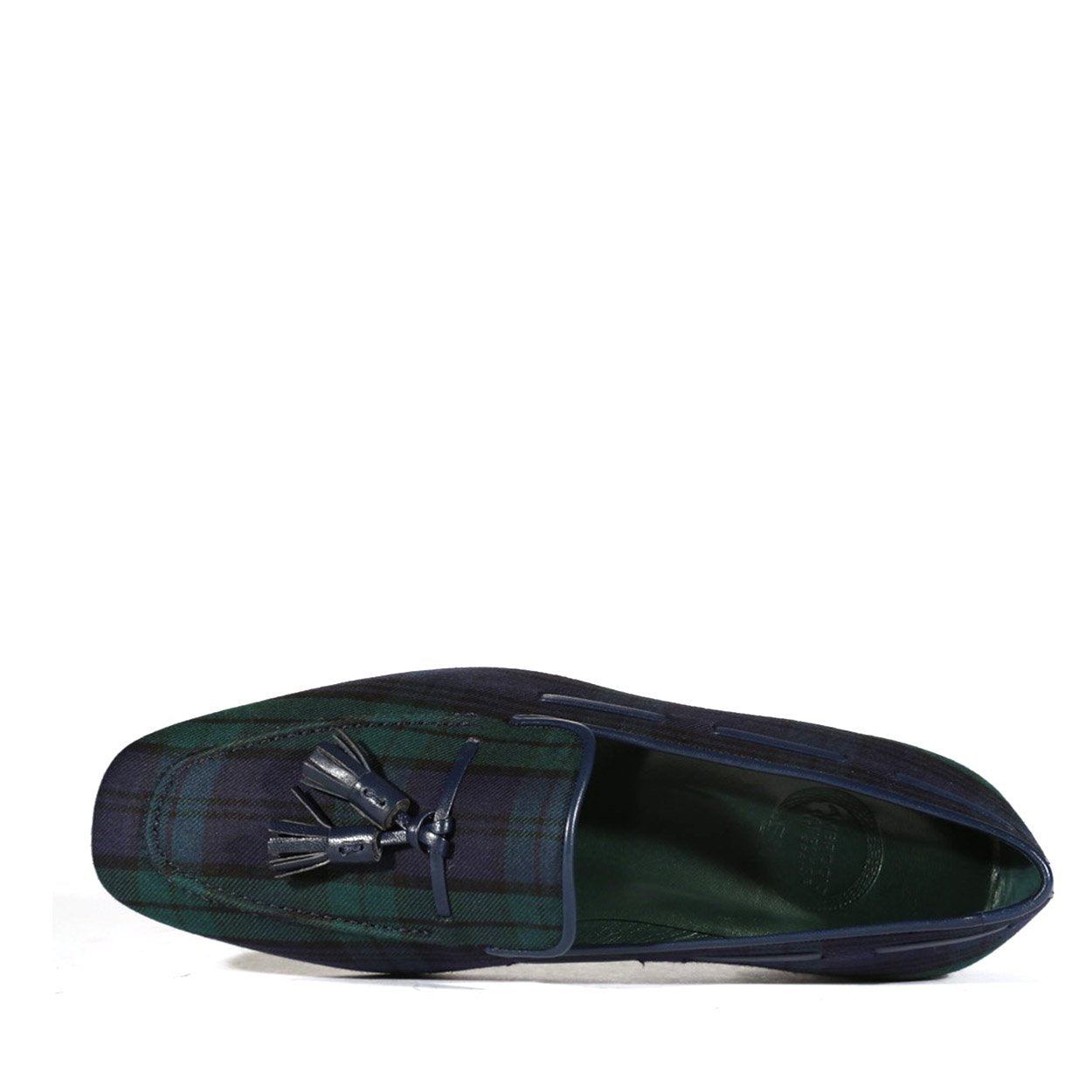 Ambrogio Bespoke Men's Handmade Custom Shoes Blue & Green Blackwatch Sartorial Fabric Drake Tassels Loafers (AMB1727)