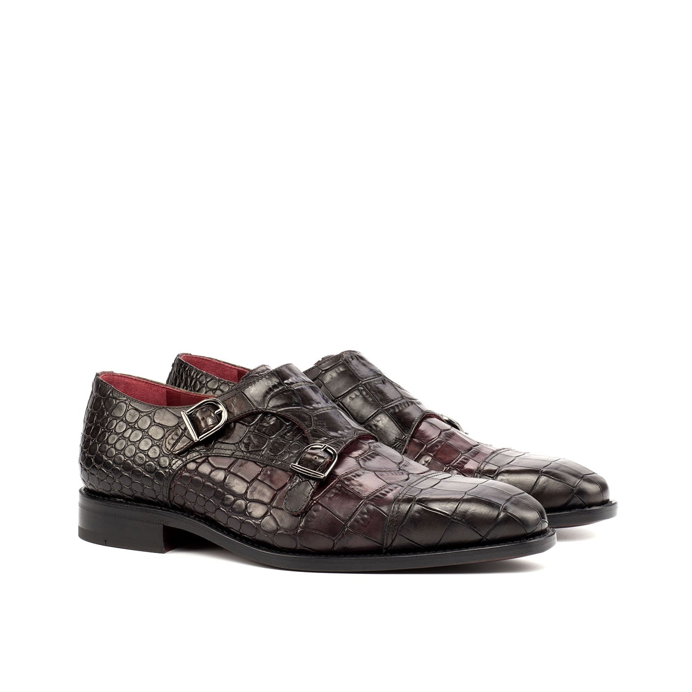 Ambrogio Bespoke Men's Handmade Custom Shoes Brown & Burgundy Crocodile Print / Calf-Skin Leather Monk-Straps Loafers (AMB1698)