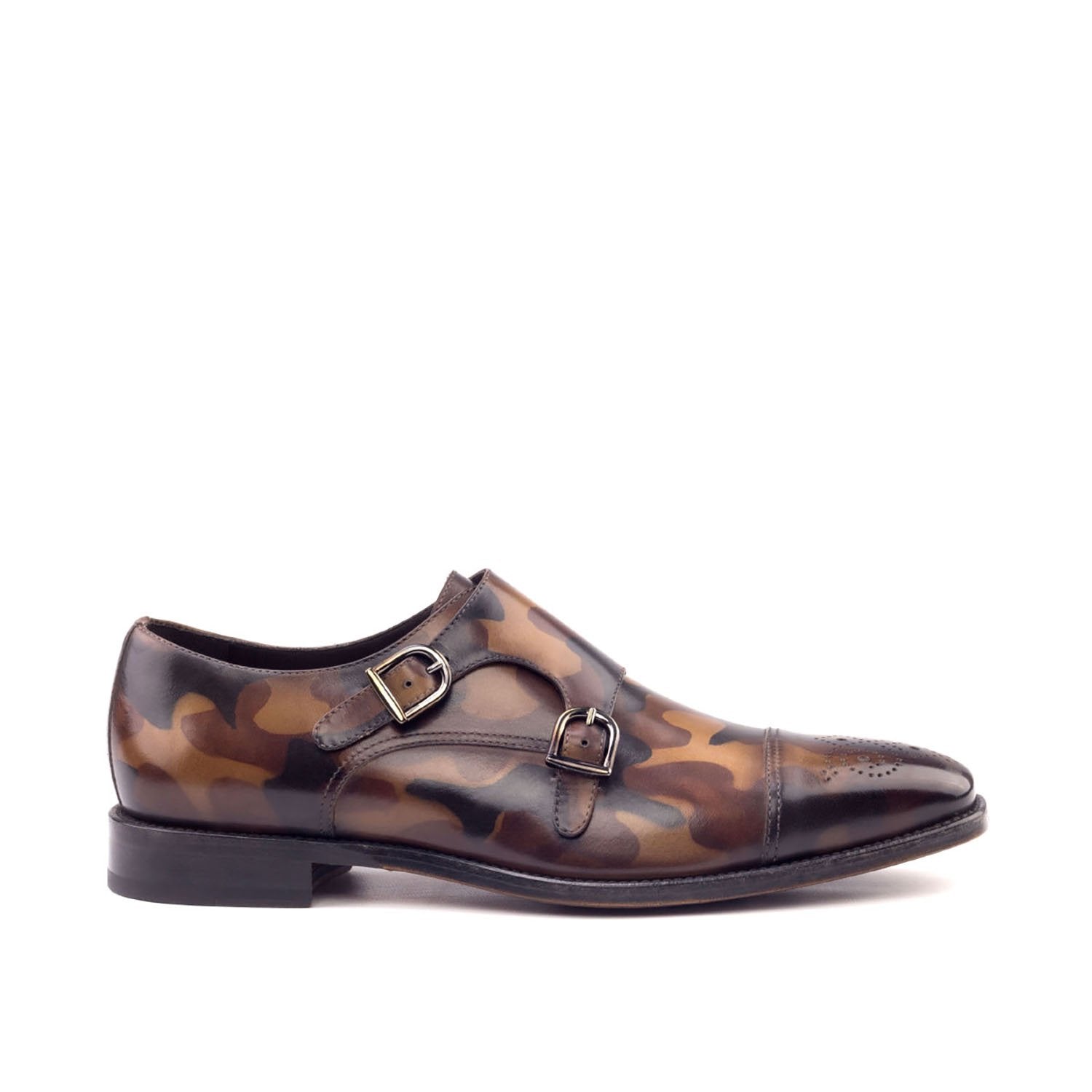 Ambrogio Bespoke Men's Handmade Custom Shoes Brown Camo Patina Leather Monk-Straps Loafers (AMB1751)