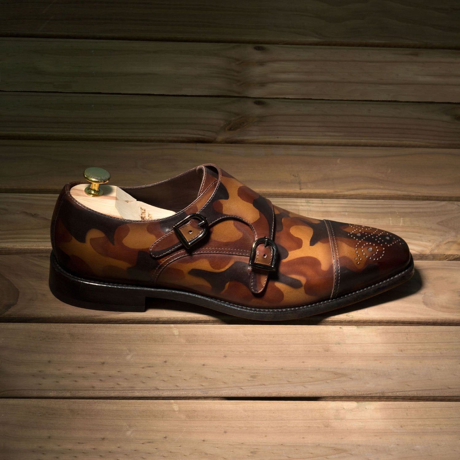 Ambrogio Bespoke Men's Handmade Custom Shoes Brown Camo Patina Leather Monk-Straps Loafers (AMB1751)