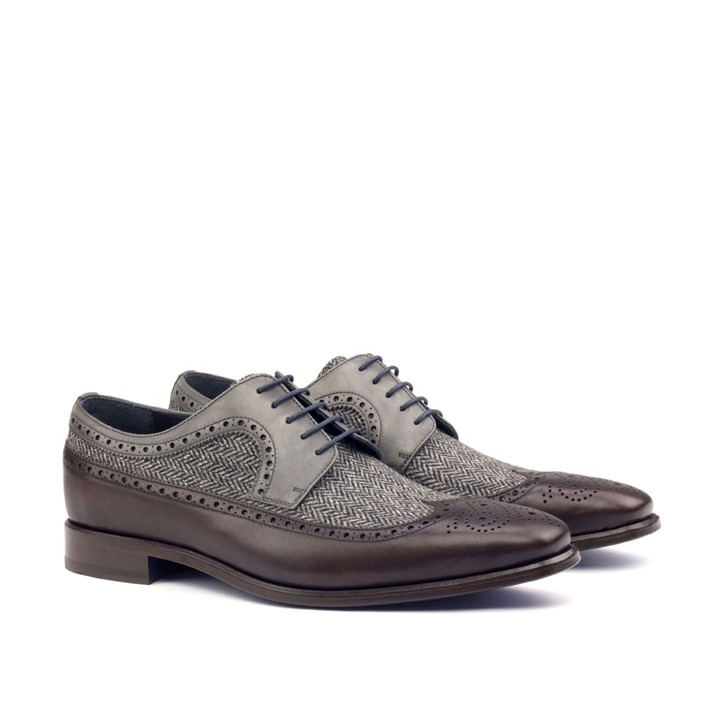 Ambrogio Bespoke Men's Handmade Custom Shoes Brown & Gray Fabric / Calf-Skin Leather Longwing Oxofrds (AMB1588)