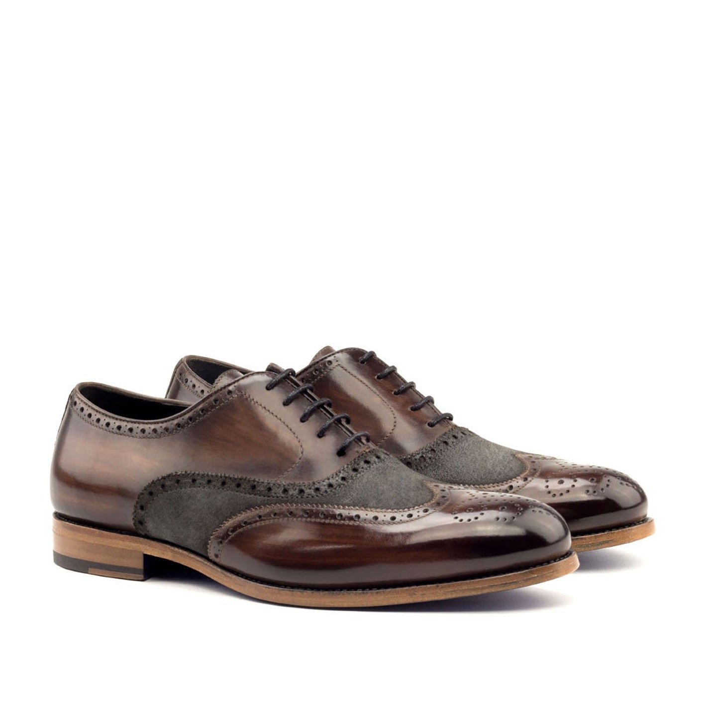 Ambrogio Bespoke Men's Handmade Custom Shoes Brown & Gray Lux Suede / Patina Leather Brogue Oxfords (AMB1481)