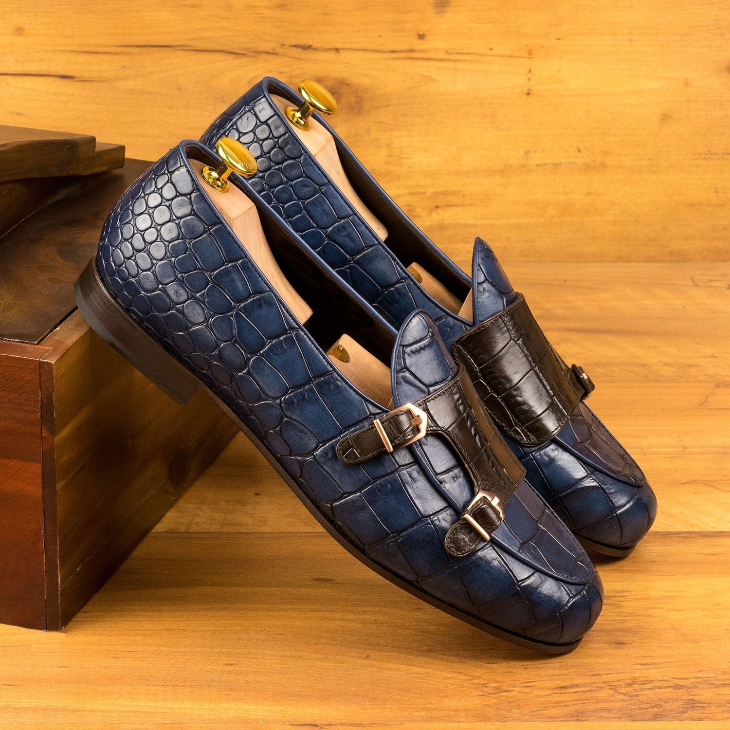 Ambrogio Bespoke Men's Handmade Custom Shoes Brown & Navy Crocodile Print / Calf-Skin Leather Monk Slipper Loafers (AMB1696)