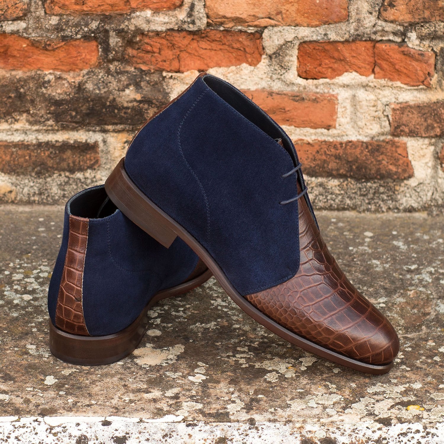 Ambrogio Bespoke Men's Handmade Custom Shoes Brown & Navy Crocodile Print / Suede / Calf-Skin Leather Chukka Boots (AMB1432)