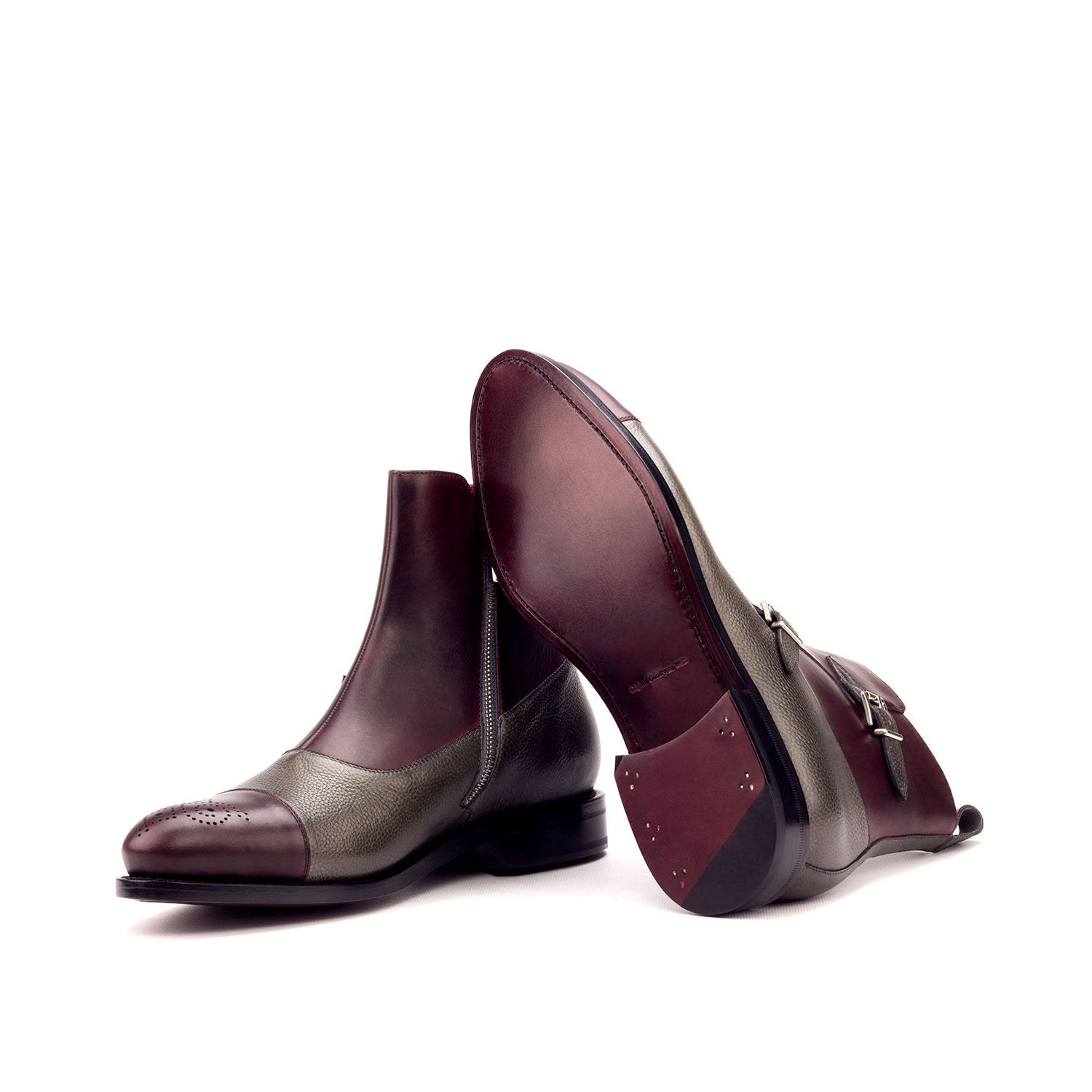 Ambrogio Bespoke Men's Handmade Custom Shoes Burgundy & Gray Full Grain / Calf-Skin Leather Octavian Boots (AMB1713)