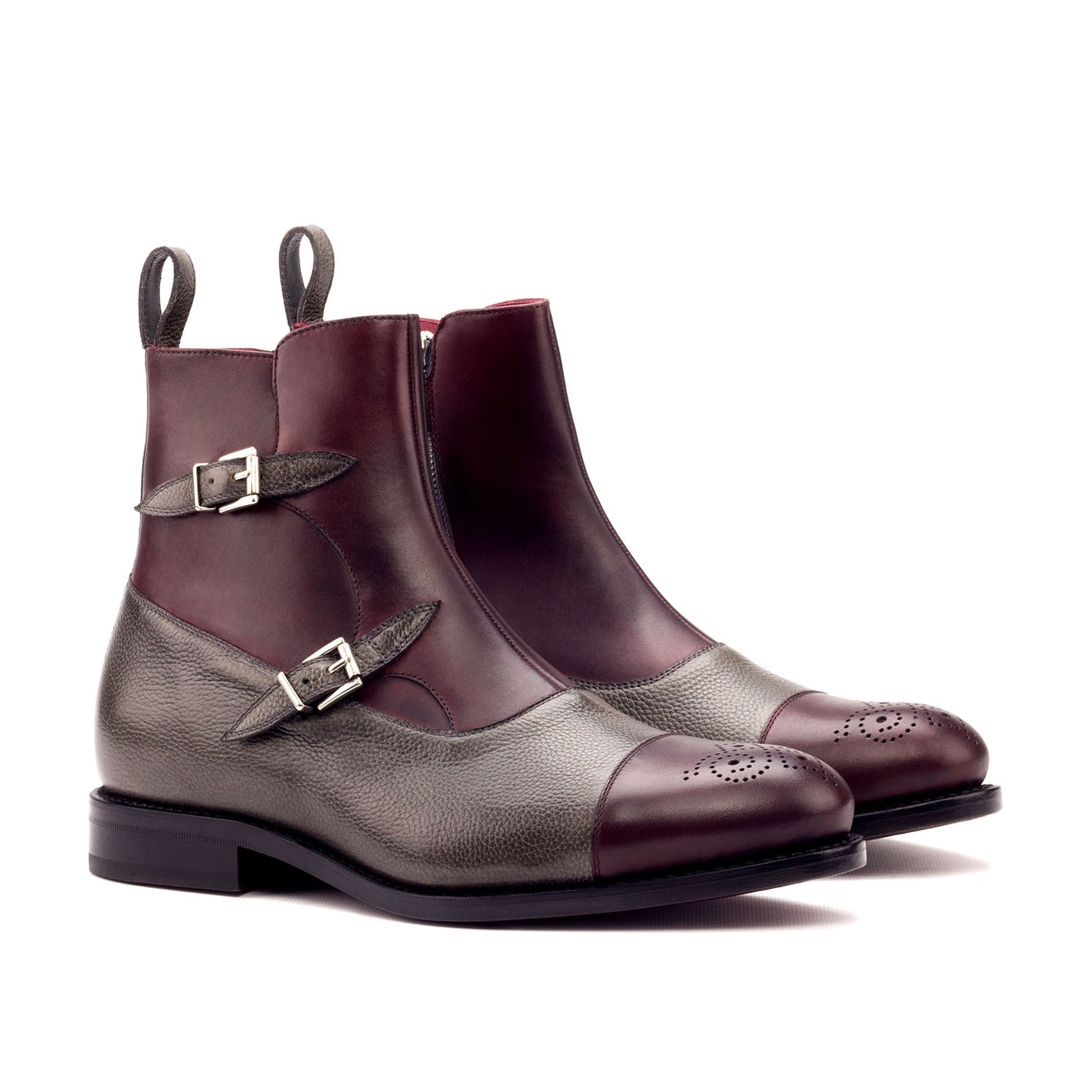 Ambrogio Bespoke Men's Handmade Custom Shoes Burgundy & Gray Full Grain / Calf-Skin Leather Octavian Boots (AMB1713)