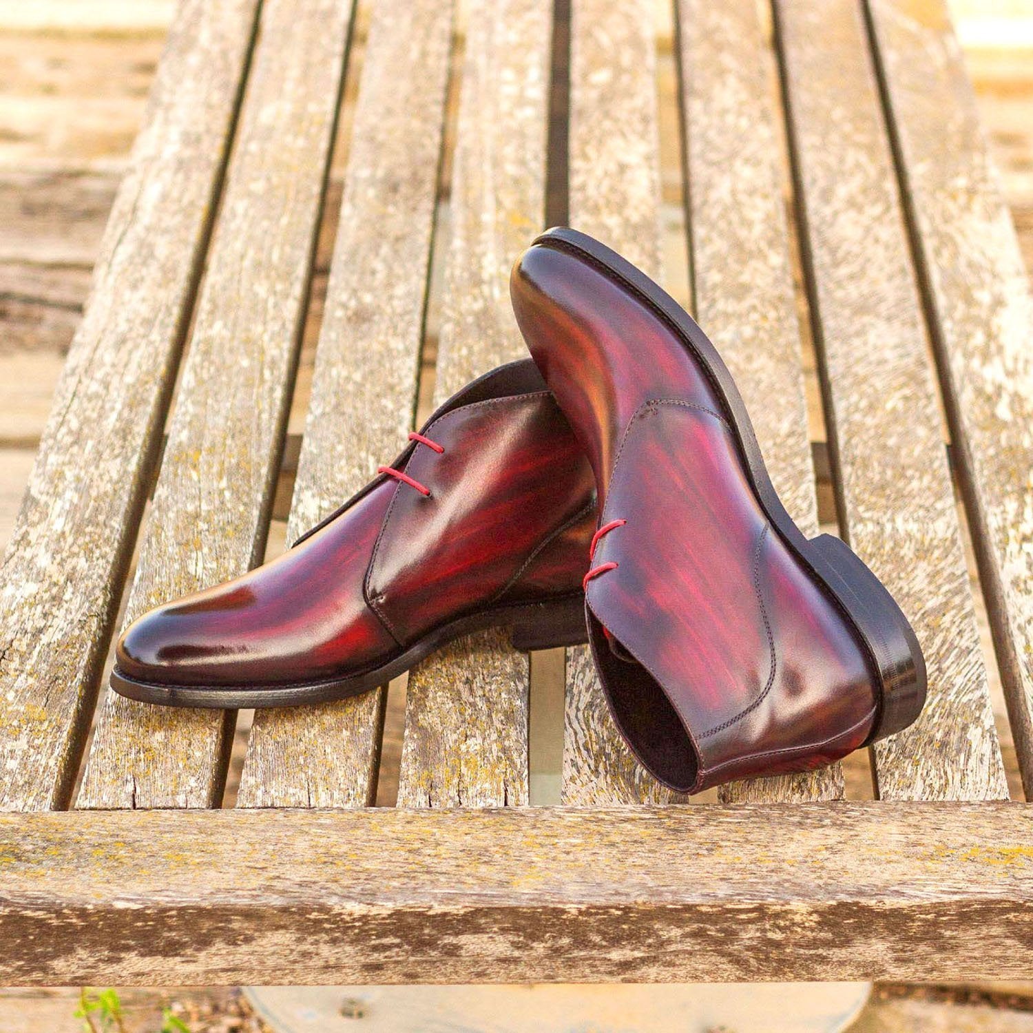 Ambrogio Bespoke Men's Handmade Custom Shoes Burgundy Patina Leather Chukka Boots (AMB1569)