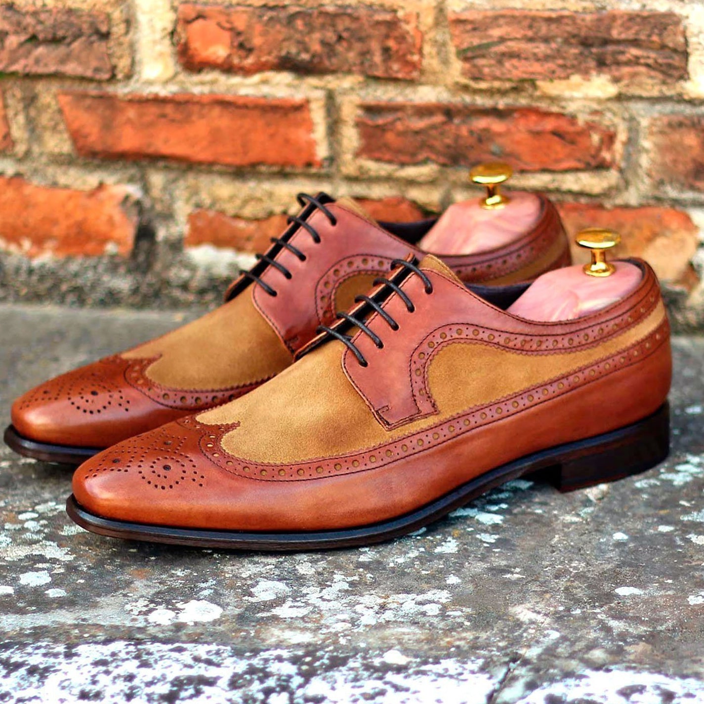 Ambrogio Bespoke Men's Handmade Custom Shoes Camel & Brown Suede / Calf-Skin Leather Longwing Oxfords (AMB1707)