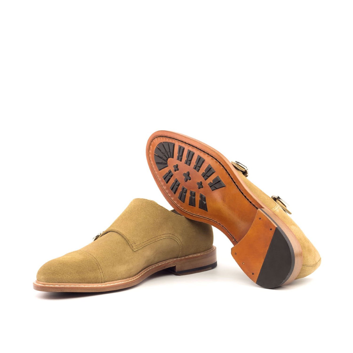 Ambrogio Bespoke Men's Handmade Custom Shoes Camel Suede Leather Monk-Straps Loafers (AMB1505)