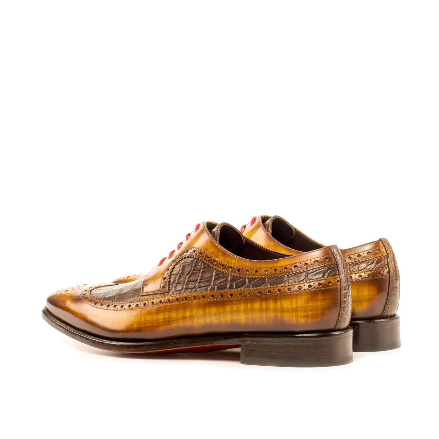 Ambrogio Bespoke Men's Handmade Custom Shoes Cognac & Brown Crocodile Print / Patina Leather Longwing Blucher Oxfords (AMB1376)