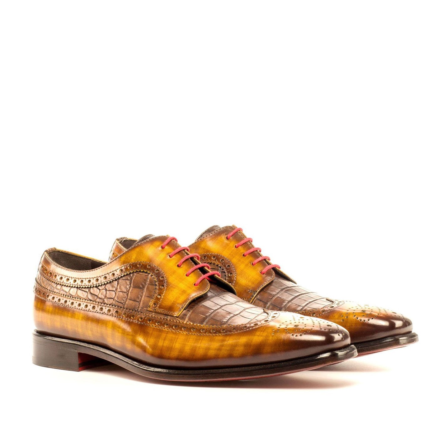 Ambrogio Bespoke Men's Handmade Custom Shoes Cognac & Brown Crocodile Print / Patina Leather Longwing Blucher Oxfords (AMB1376)