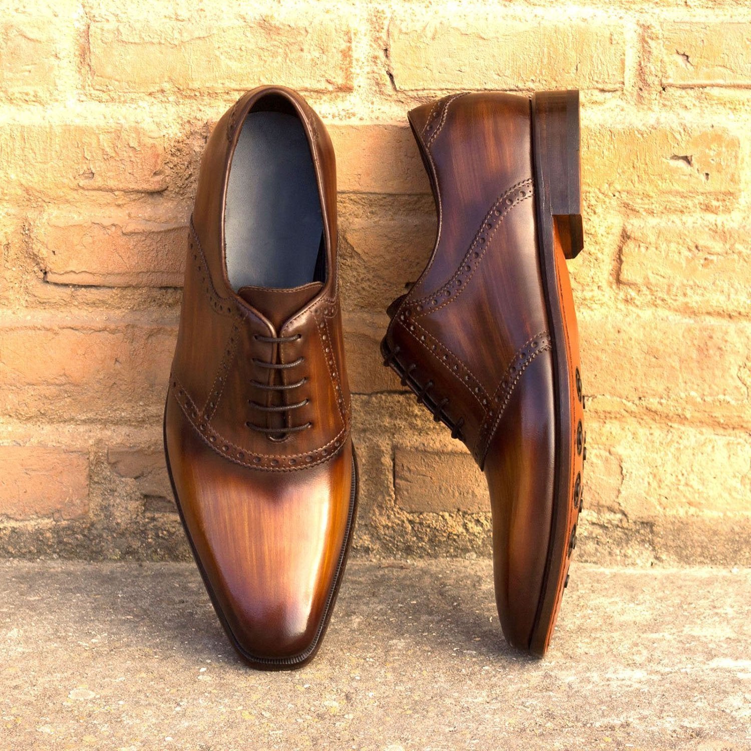 Ambrogio Bespoke Men's Handmade Custom Shoes Cognac & Brown Patina Leather Saddle Oxfords (AMB1470)