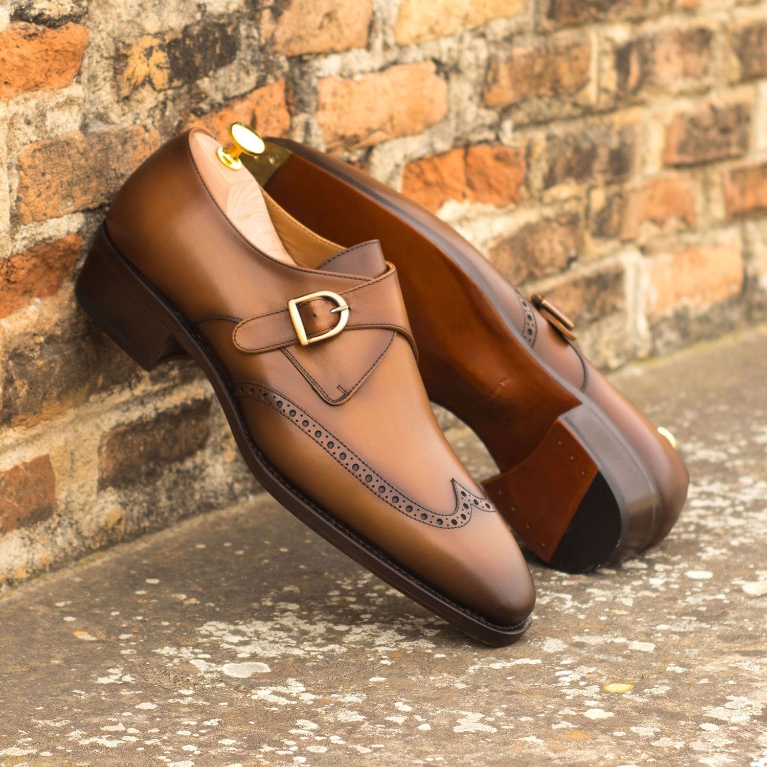 Ambrogio Bespoke Men's Handmade Custom Shoes Cognac Calf-Skin Leather Monk-Strap Loafers (AMB1824)