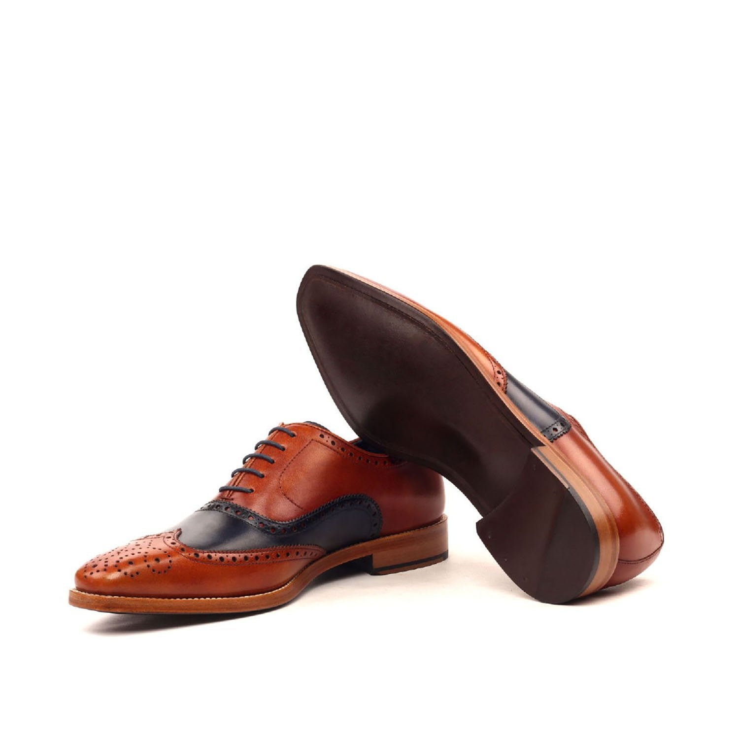 Ambrogio Bespoke Men's Handmade Custom Shoes Cognac & Navy Calf-Skin Leather Full Brogue Oxfords (AMB1699)