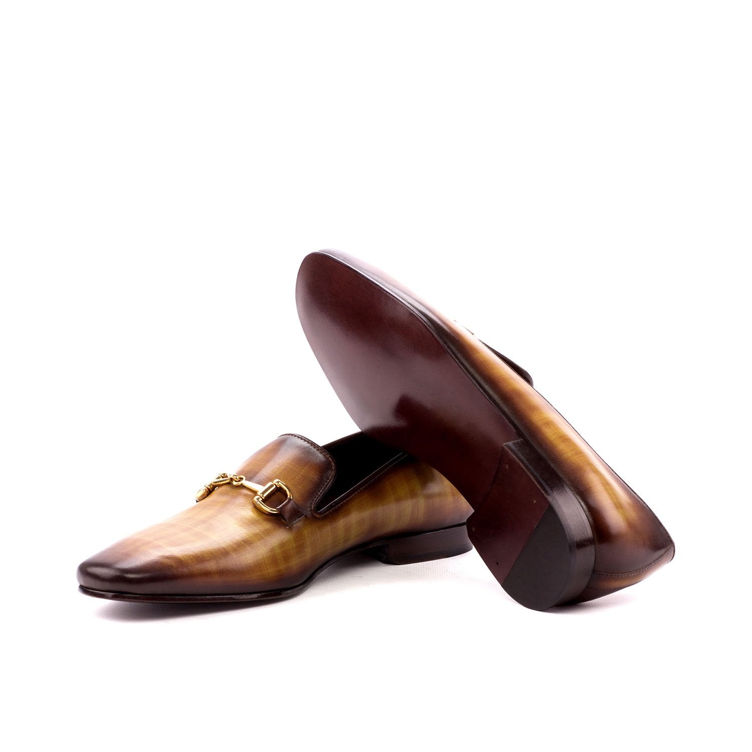 Ambrogio Bespoke Men's Handmade Custom Shoes Cognac Patina Leather Slip-on Drake Horsebit Loafers (AMB1390)