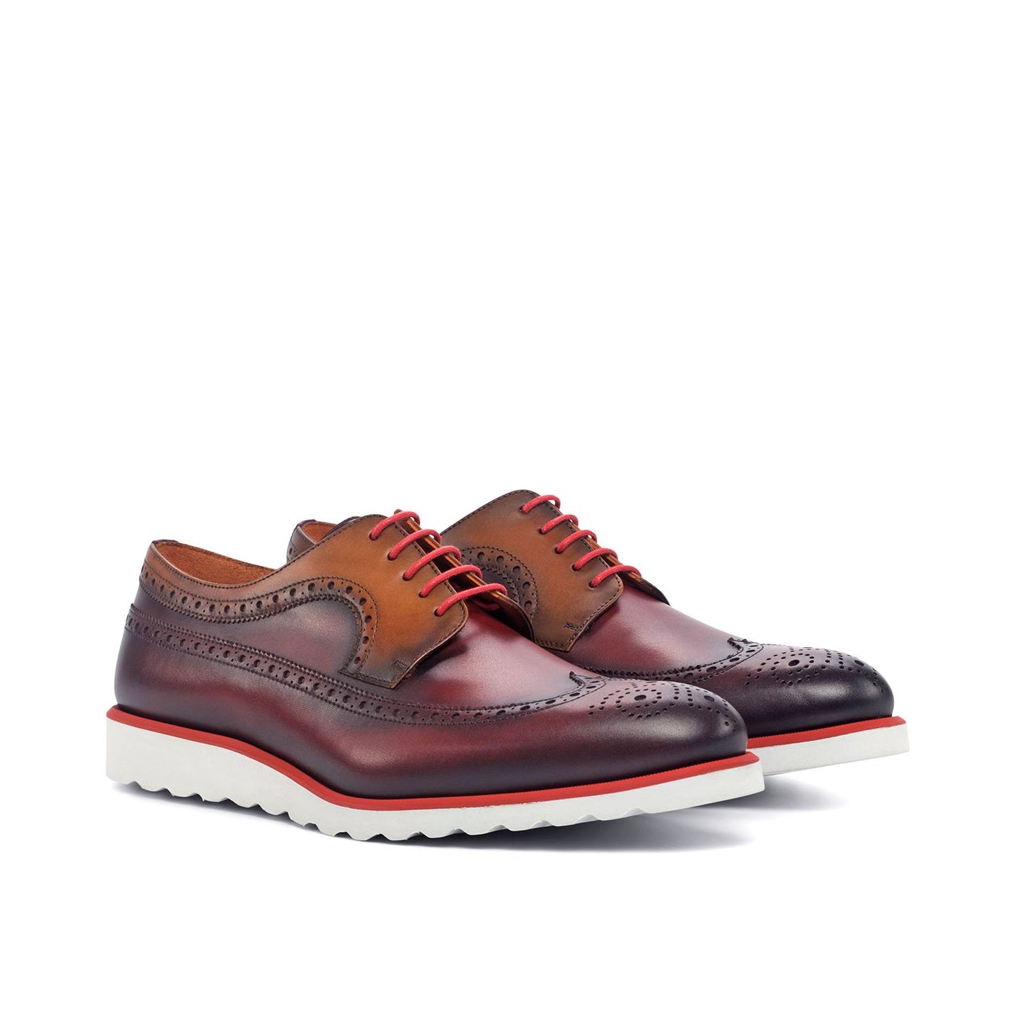 Ambrogio Bespoke Men's Handmade Custom Shoes Cognac & Red Calf-Skin Leather Wingtip Oxfords (AMB1753)