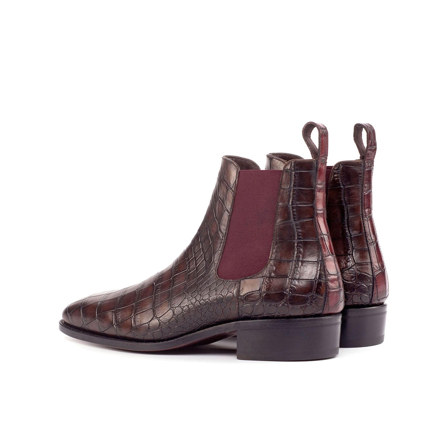 Ambrogio Bespoke Men's Handmade Custom Shoes Dark Brown & Burgundy Crocodile Print / Calf-Skin Leather Chelsea Boots (AMB1809)